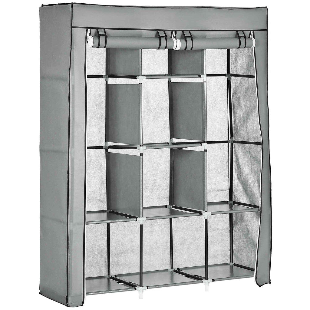 HOMCOM Space-Saving Wardrobe with Raised Base, 8 Shelves and 2 Bars, in Non-Woven Fabric and Steel, Light Grey