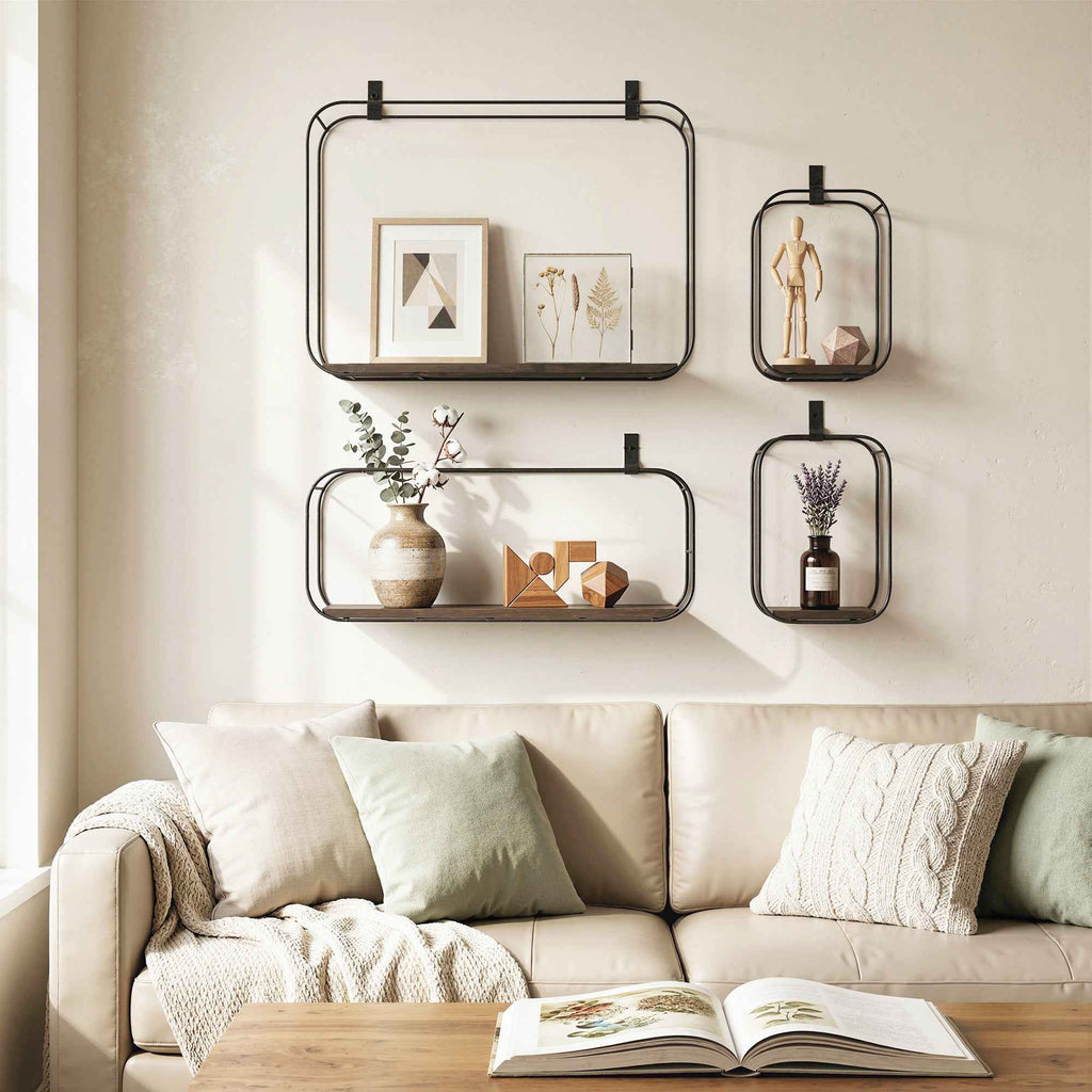 HOMCOM Geometric Floating Shelves for Living Room, Set of 4, Black