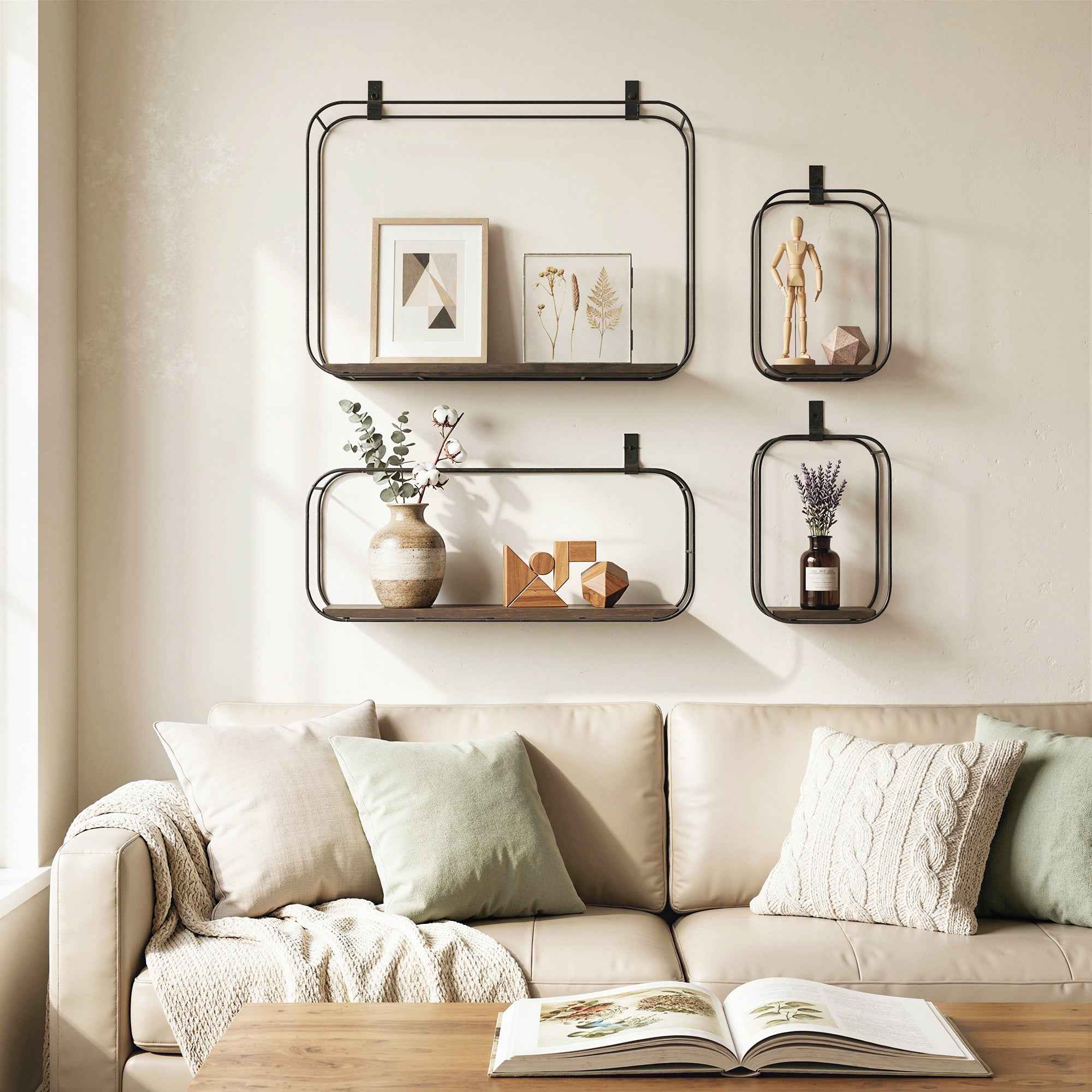 HOMCOM Geometric Floating Shelves for Living Room, Set of 4, Black