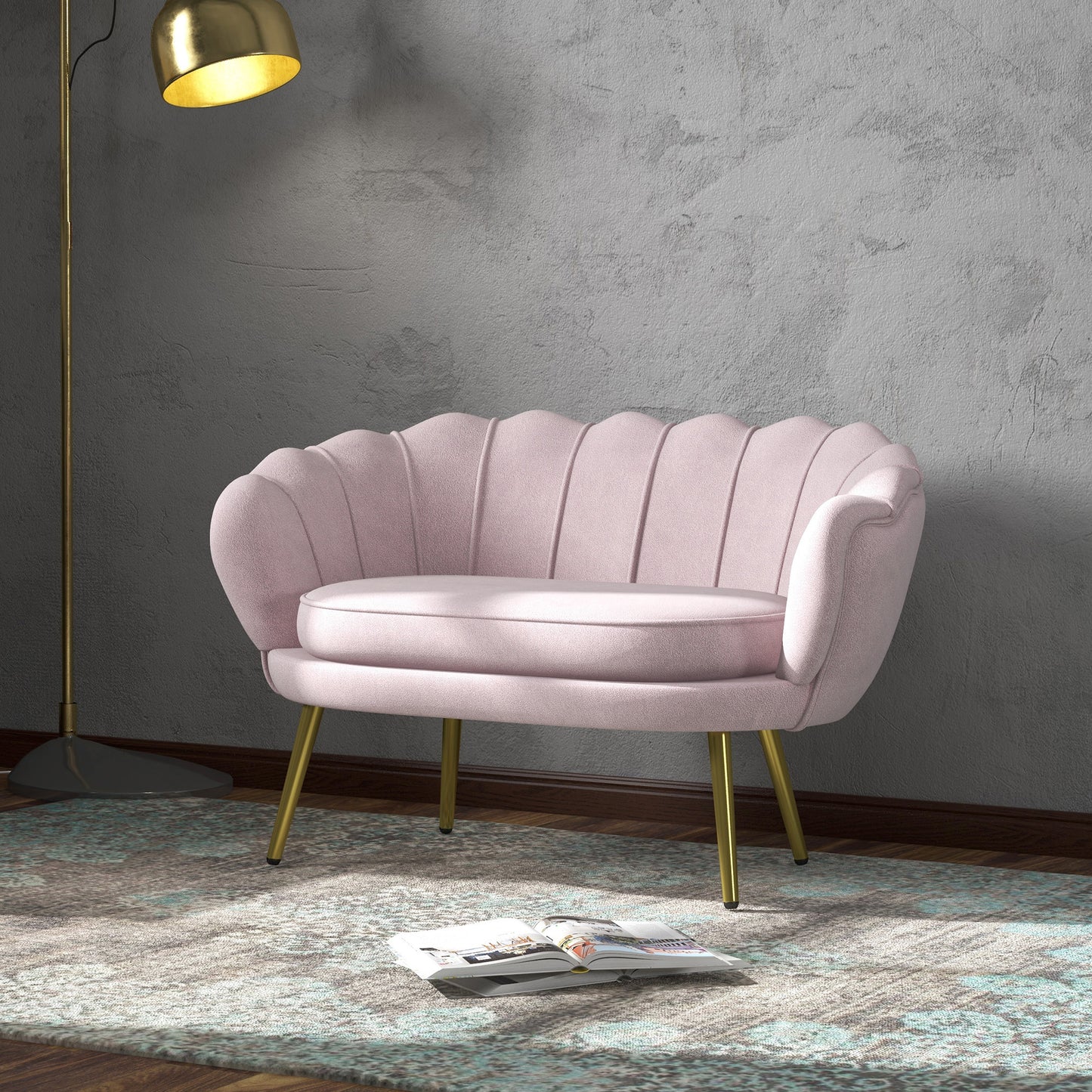 Vintage 2-Seater Sofa in Industrial Chic Style in Velvet Effect Fabric and Metal, 130x77x77 cm, Pink