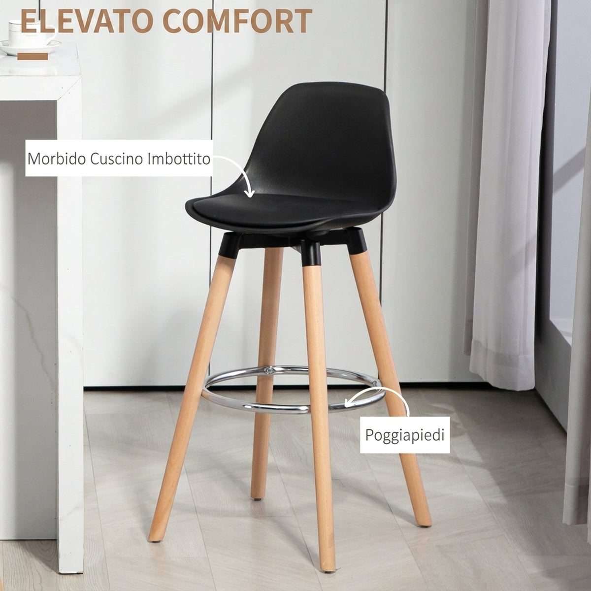 HOMCOM Set of 2 Modern PU Bar Stools, High Kitchen Stools with Backrest, Steel Footrest, 69cm High Padded Seat, Wooden Legs
