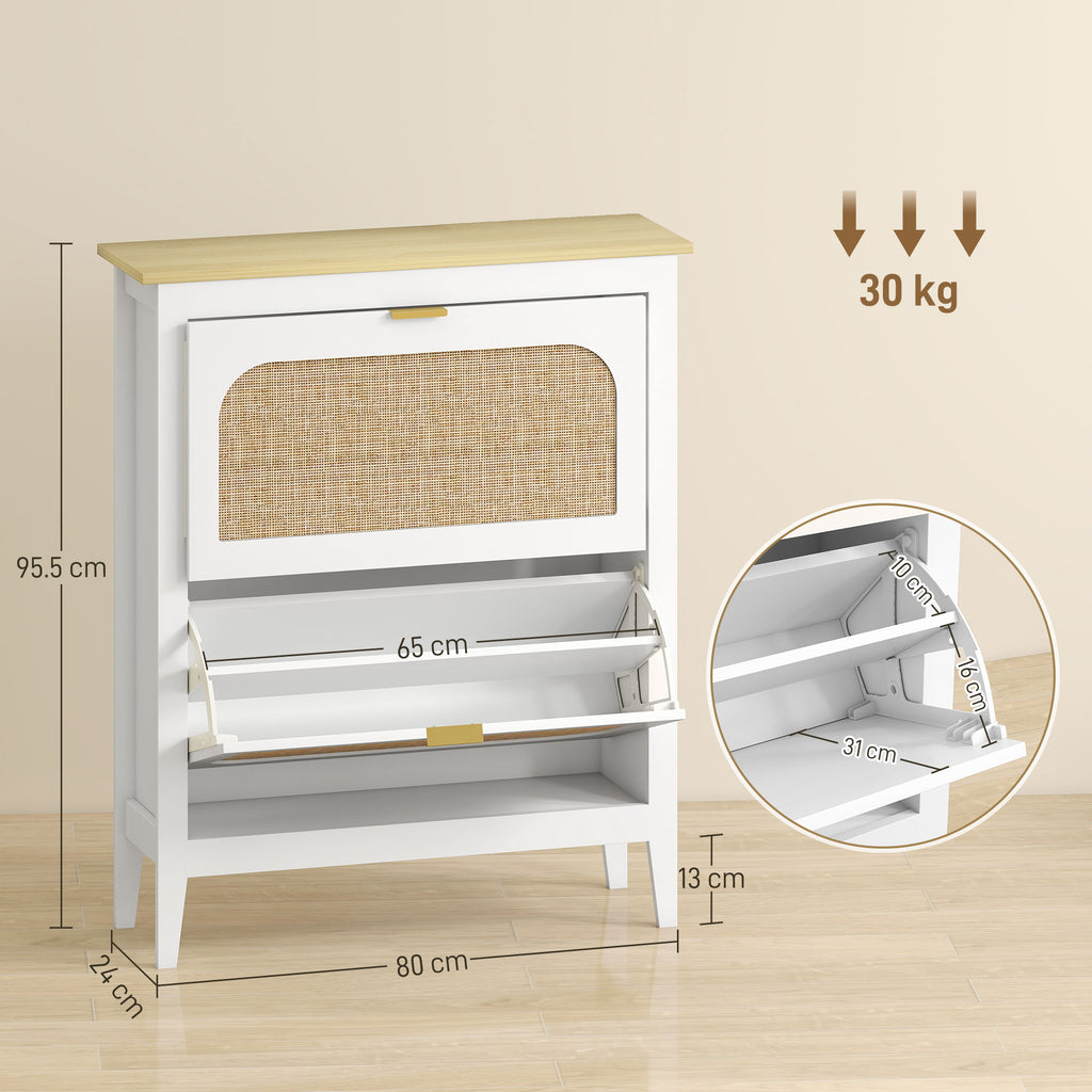 Slim Boho Style Shoe Rack with 2 Folding Drawers for 14 Pairs of Shoes, 80x24x95.5 cm, White