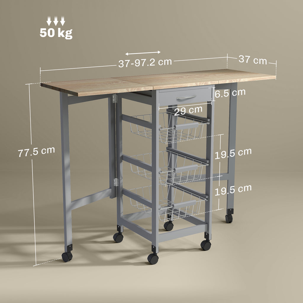 Kitchen Trolley with 3 Baskets, Drawer and 2 Flaps, in Wood and Metal, 37x37x77.5 cm, Grey and Oak