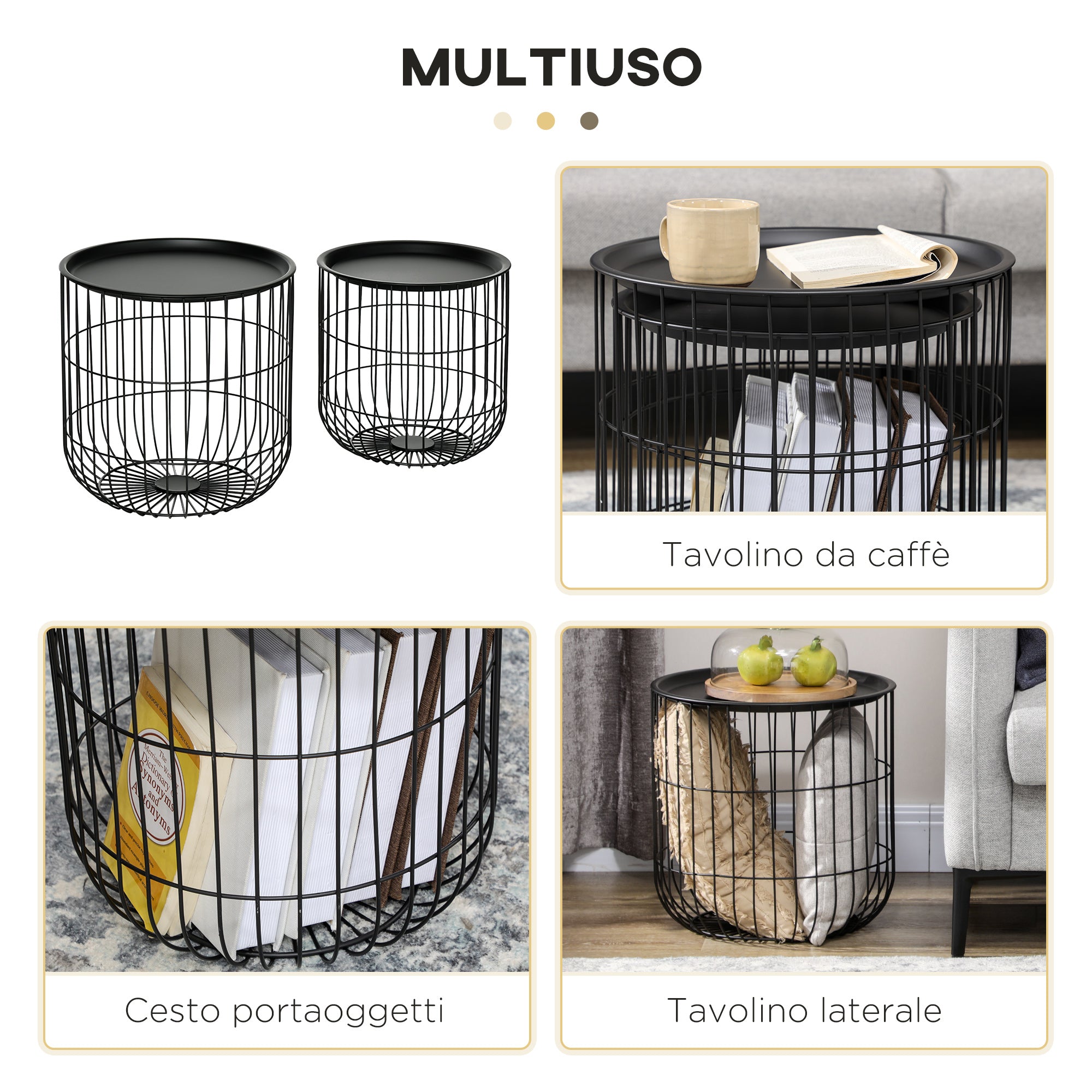 Homcom Set 2 Tavolini di Living Rooms Retondi steel with container compartment, black - Borgè