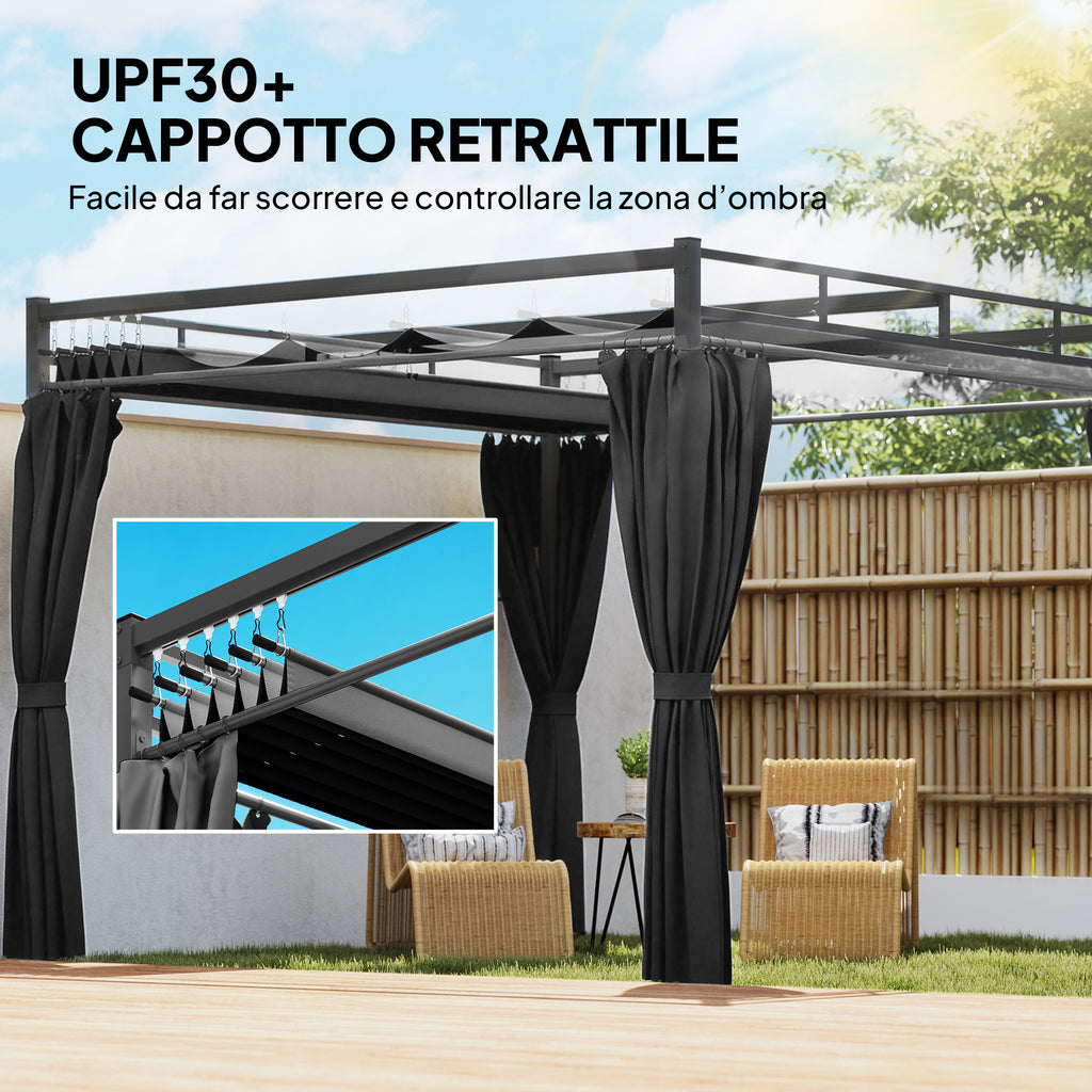 Outsunny Pergola Gazebo 3x3 m with Sliding Roof UV30+ and 4 Side Walls, Dark Grey