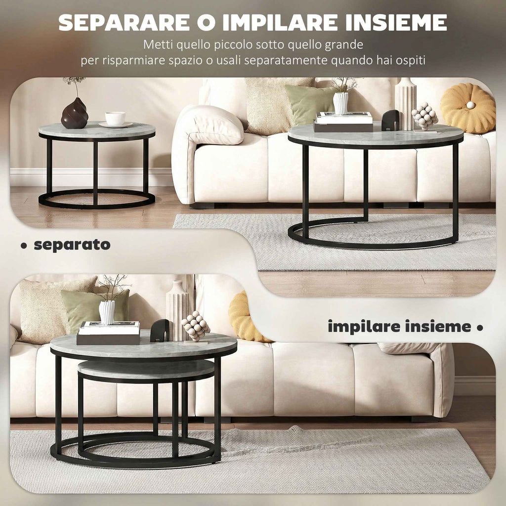 HOMCOM Set of 2 Round Coffee Tables with Marble Effect Top, in Wood and Metal, Marble Grey