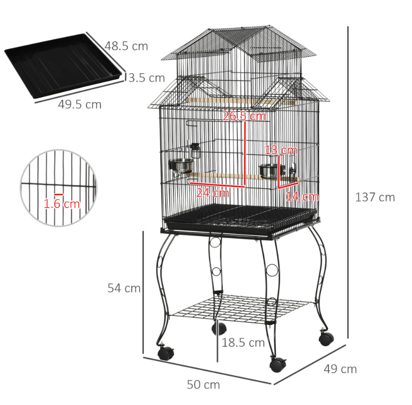 Indoor Wooden Bird Cage with Tray, 4 Wheels and Perch, 50x49x137cm - Borge' Group Limited