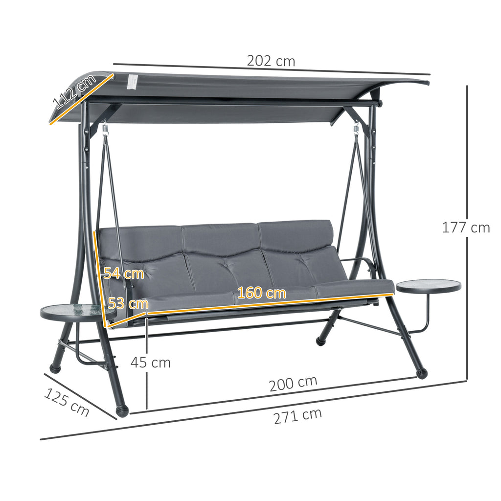 Outsunny 3-Seater Garden Swing, Outdoor Swing with Adjustable Canopy and 2 Side Tables, Grey 271x125x177cm