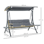 Outsunny 3-Seater Garden Swing, Outdoor Swing with Adjustable Canopy and 2 Side Tables, Grey 271x125x177cm