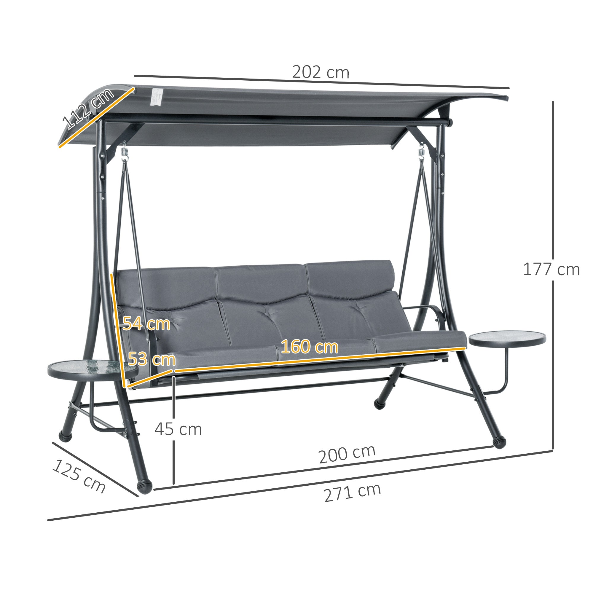 Outsunny 3-Seater Garden Swing, Outdoor Swing with Adjustable Canopy and 2 Side Tables, Grey 271x125x177cm