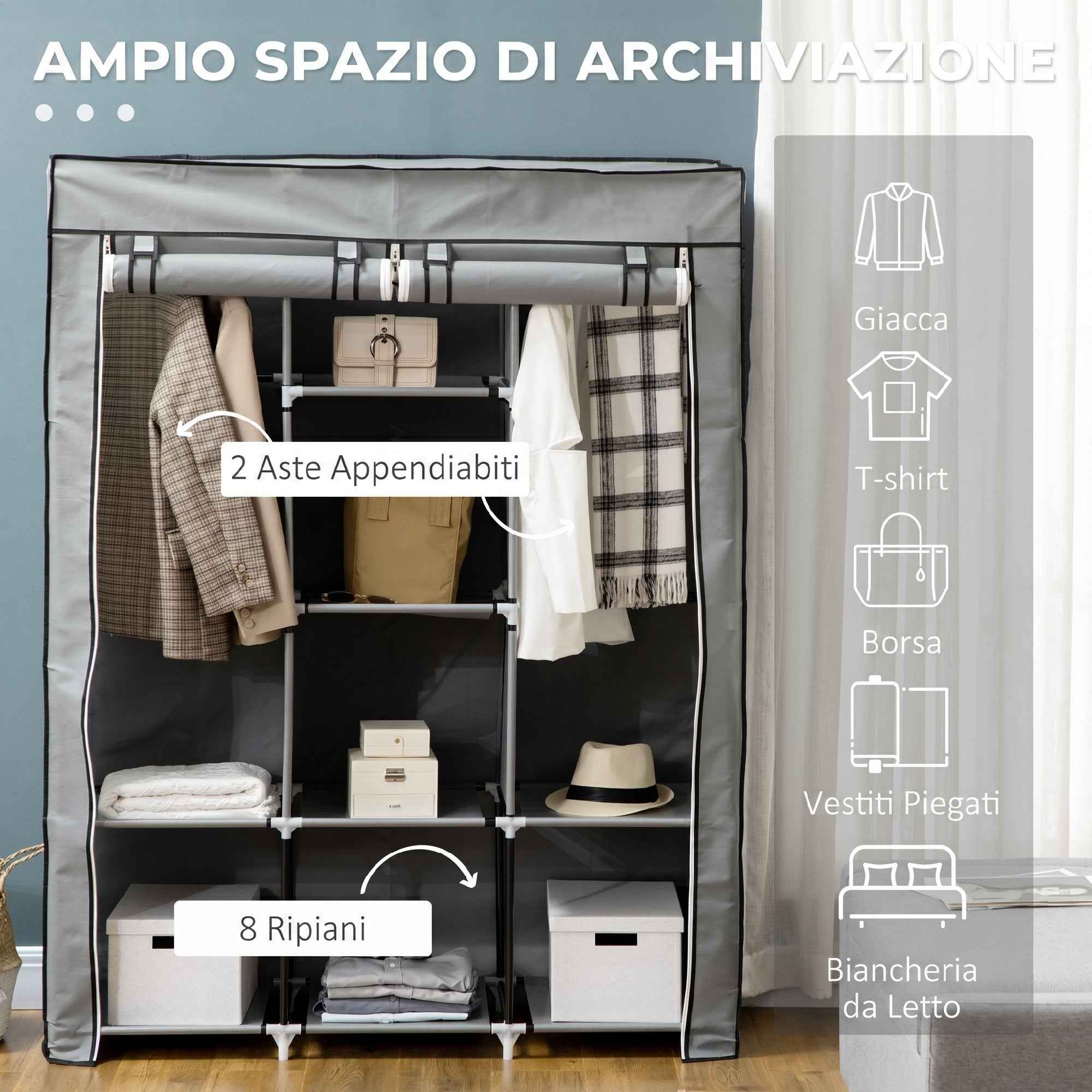HOMCOM Space-Saving Wardrobe with Raised Base, 8 Shelves and 2 Bars, in Non-Woven Fabric and Steel, Light Grey