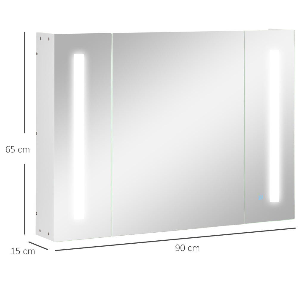 kleankin Bathroom Mirror Cabinet with 3 Cabinets, 3 Shelves and LED Light, 90x15x65 cm, White - Borgè