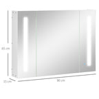 kleankin Bathroom Mirror Cabinet with 3 Cabinets, 3 Shelves and LED Light, 90x15x65 cm, White - Borgè