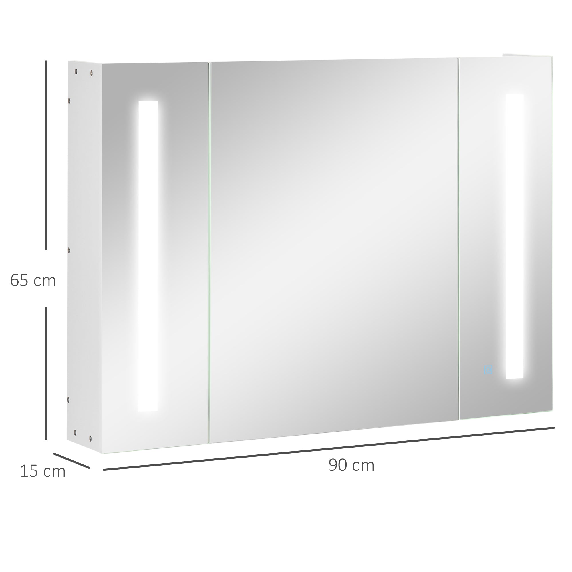 kleankin Bathroom Mirror Cabinet with 3 Cabinets, 3 Shelves and LED Light, 90x15x65 cm, White - Borgè