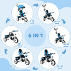 Kids Tricycle with 6-in-1 Handle, Adjustable Canopy and Safety Belt, Ages 1-5 Years, Blue