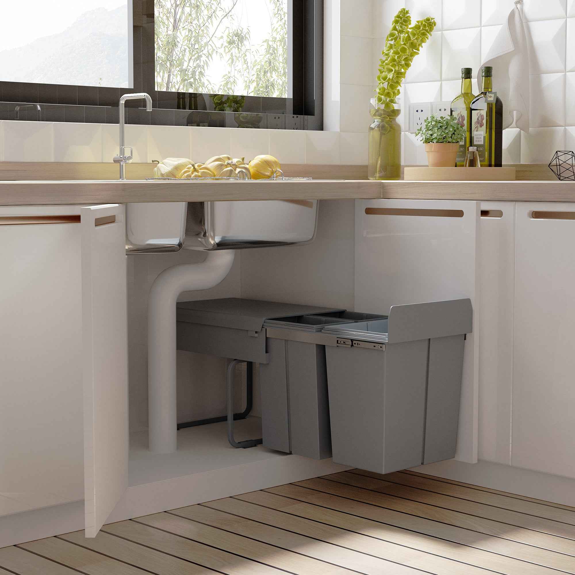 HOMCOM 40L Pull-Out Waste Bin with 3 Recycling Bins, 48 x 34.2 x 41.8 cm, Grey
