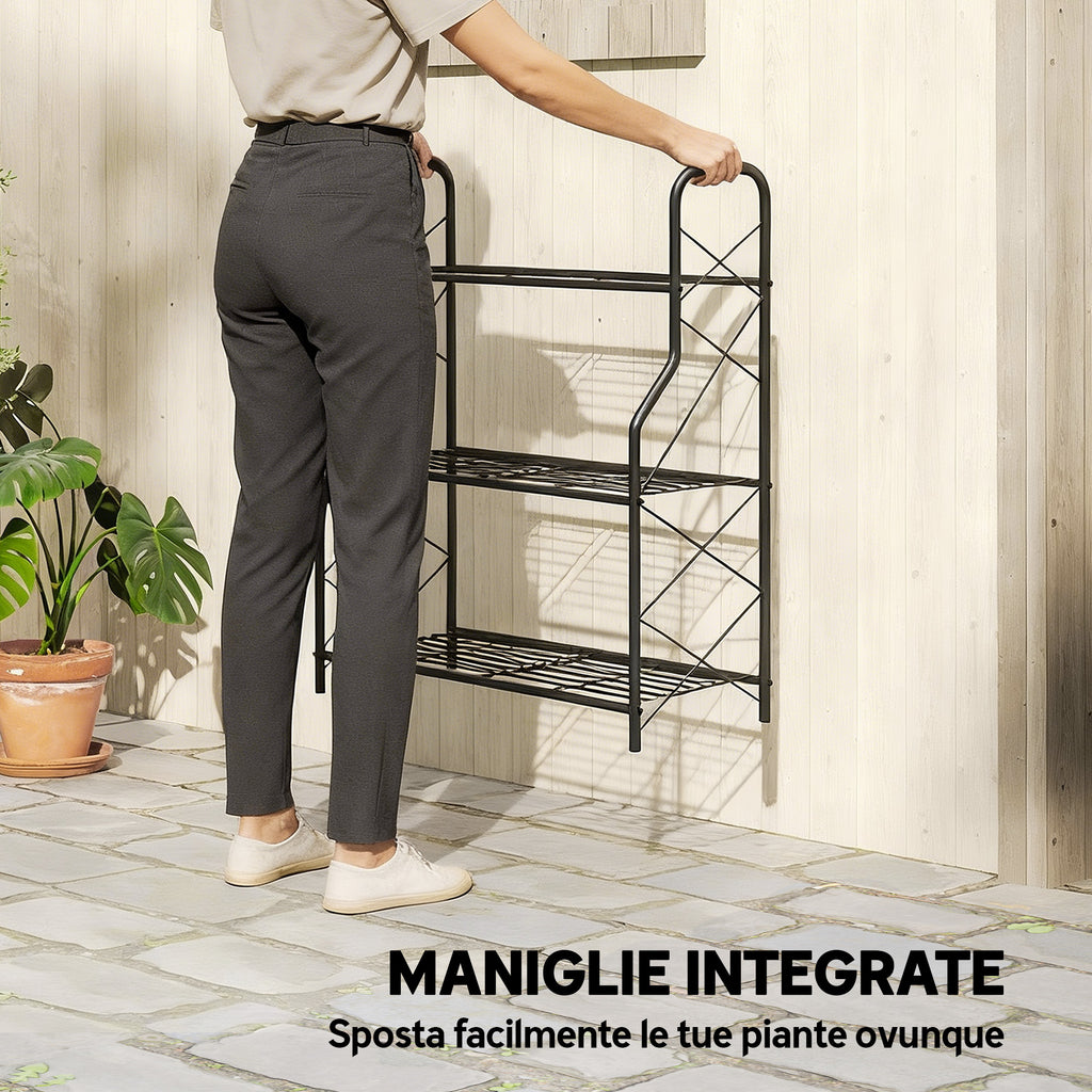 Outsunny 3-Tier Indoor/Outdoor Metal Plant Stand, 69 x 28.5 x 78 cm, Black
