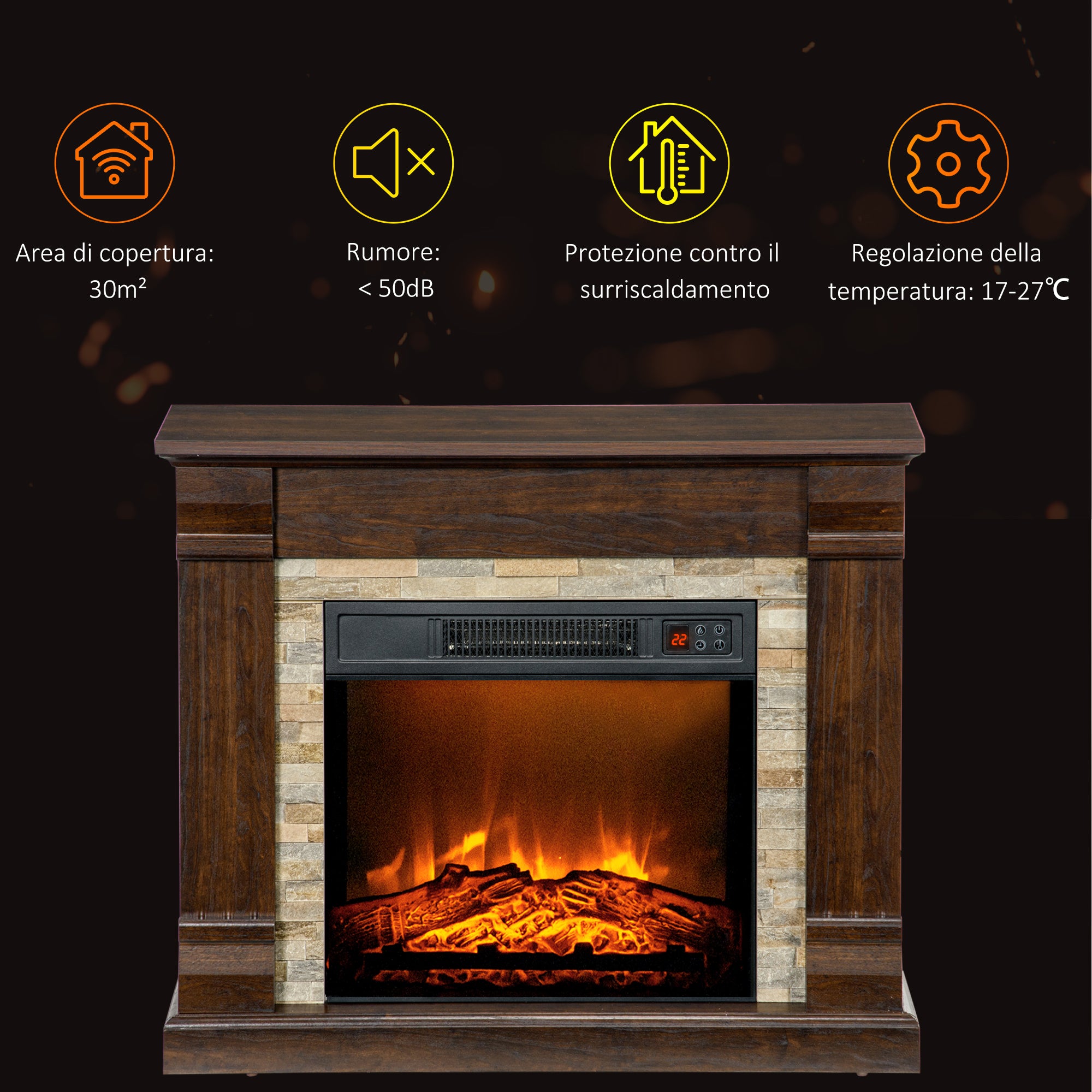 Built-in Electric Fireplace with Timer, Adjustable Flame and Temperature, 80x21.6x67.8 cm, Brown
