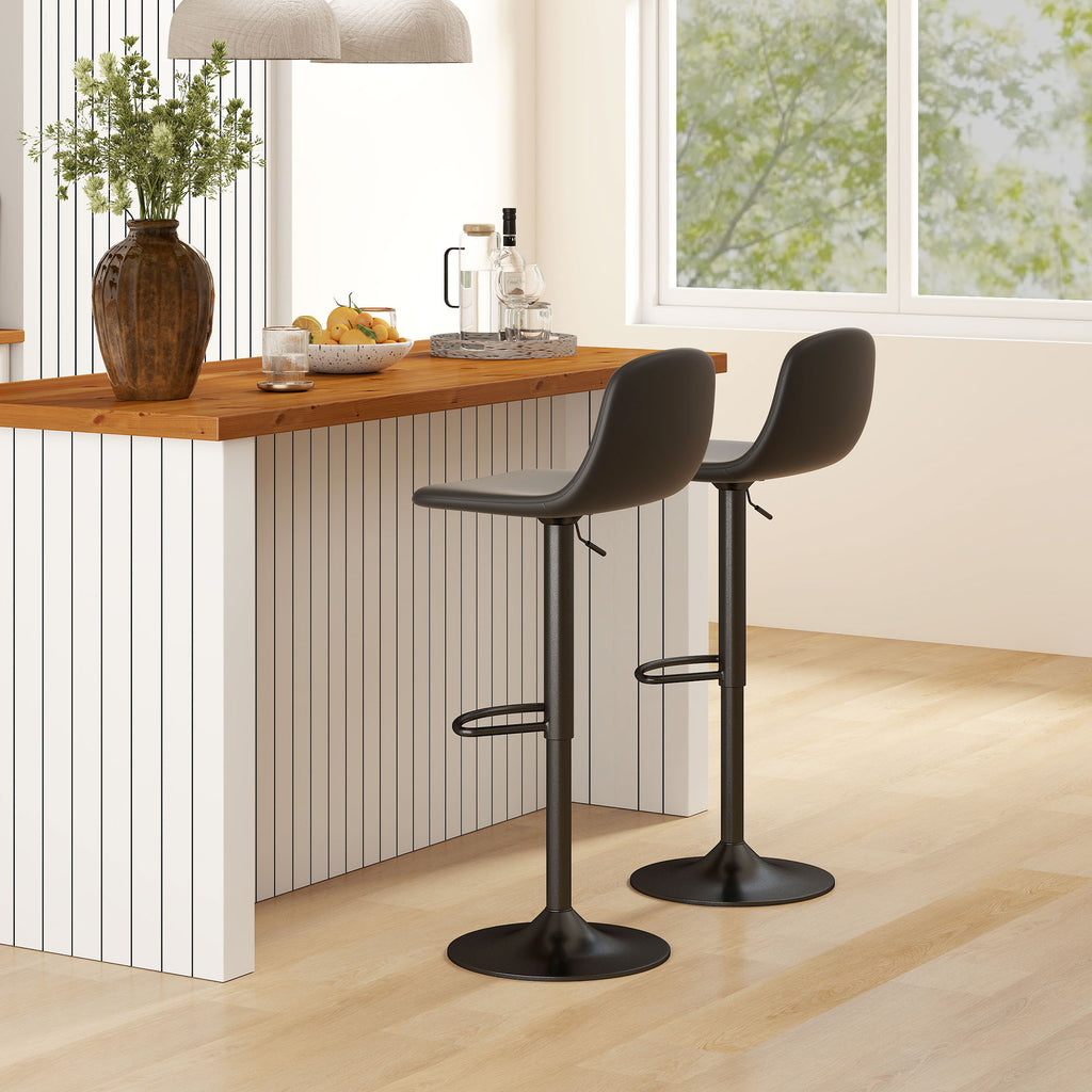 Set of 2 Bar Stools with Backrest and Footrest, Adjustable Height, PU Leather and Padding, Black