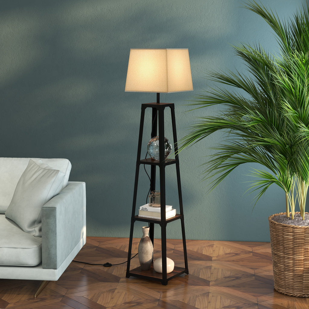 Floor Lamp in Metal and MDF with 3 Shelves with Fabric Lampshade, Ø42x166 cm, Black and Beige