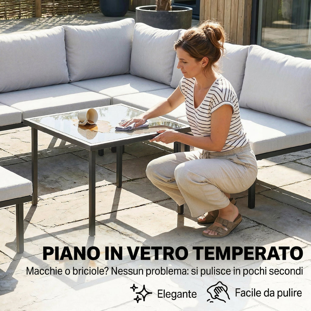 Outsunny 6-Person Metal Garden Furniture Set, Corner Sofa with Cushions, Light Grey