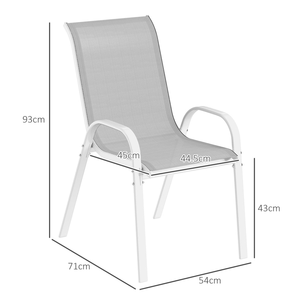 Outsunny Set of 4 Stackable Garden Chairs with Curved Armrests, Steel and Breathable Fabric, 54x71x93 cm, Grey and White