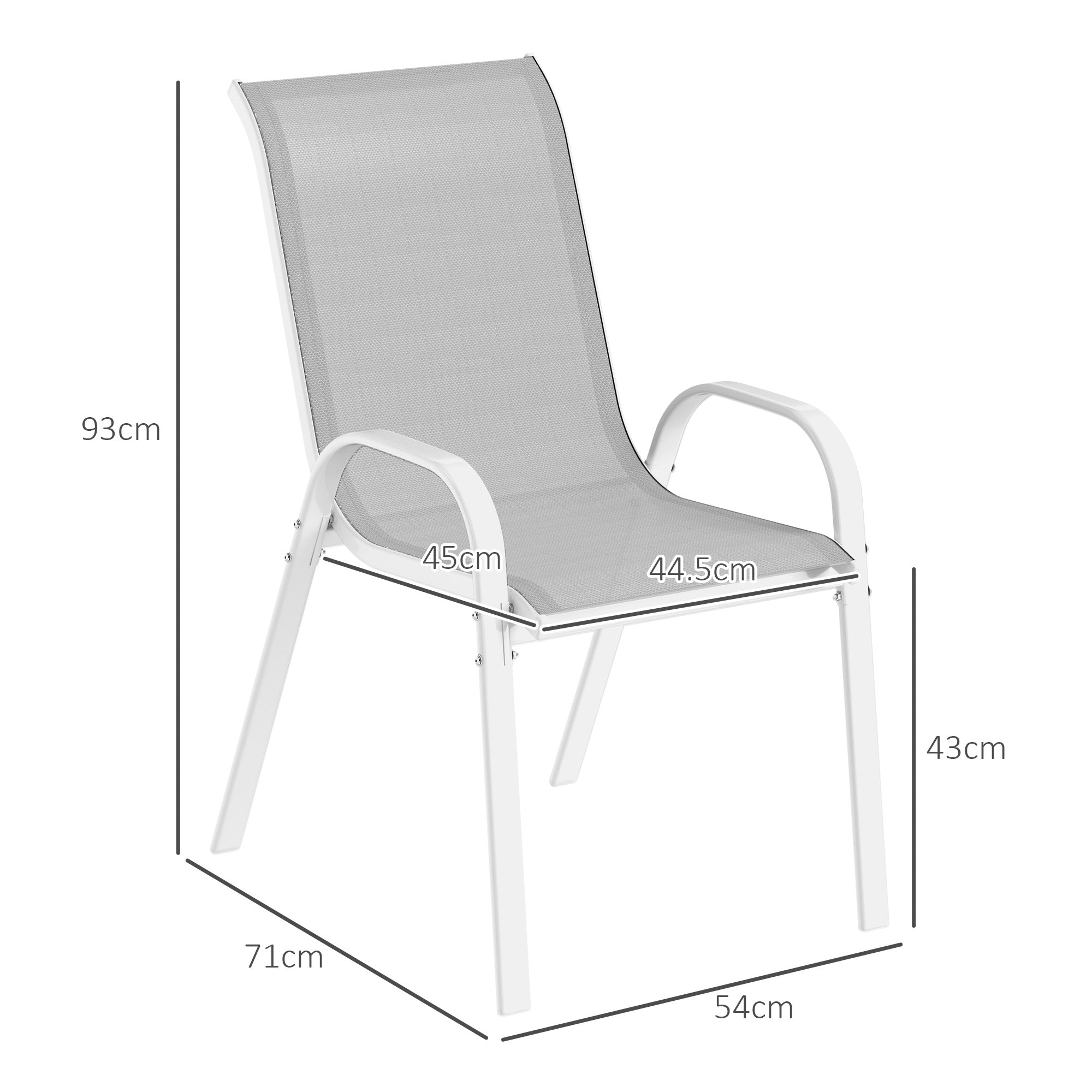 Outsunny Set of 4 Stackable Garden Chairs with Curved Armrests, Steel and Breathable Fabric, 54x71x93 cm, Grey and White