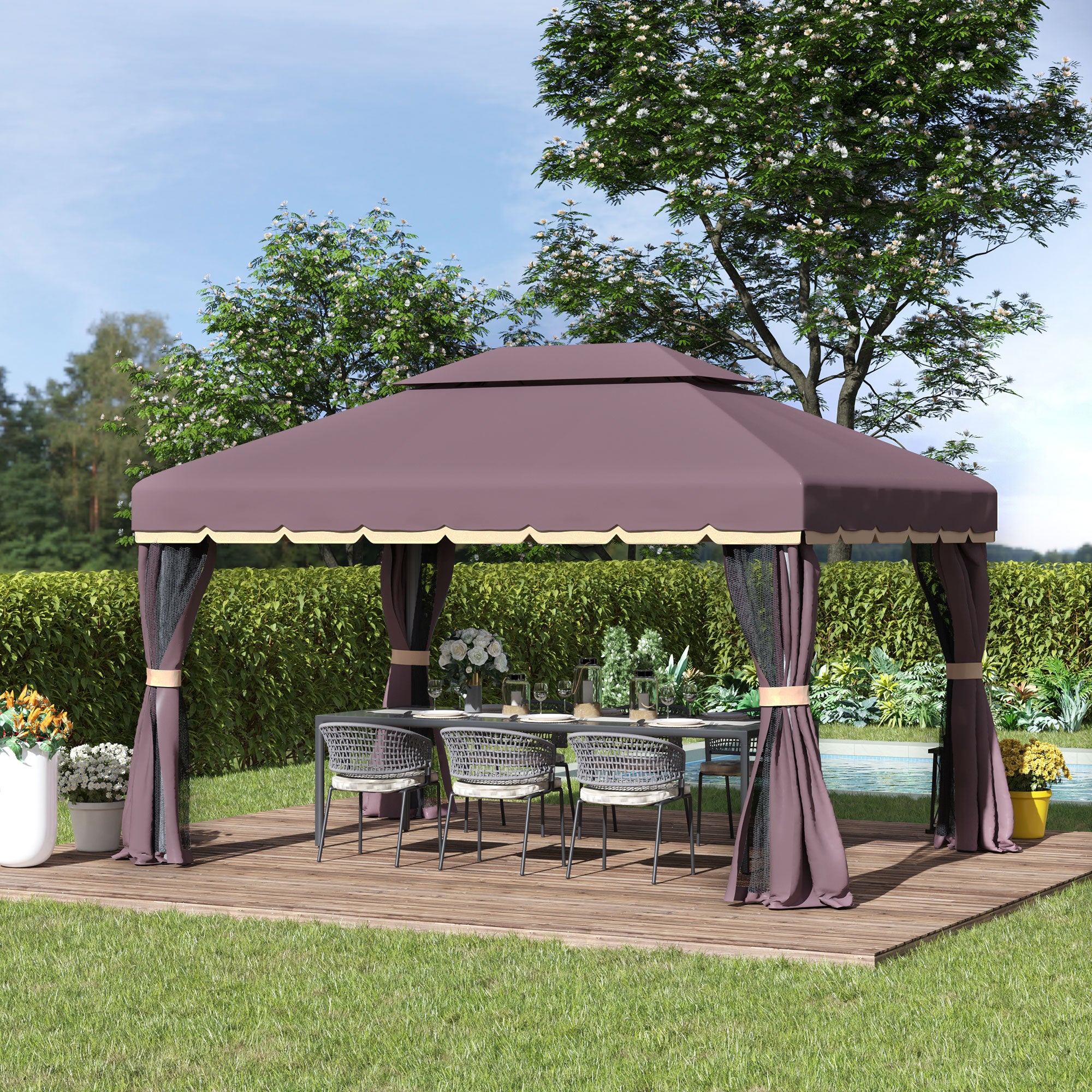 3x4m Garden Gazebo with Double Roof, Mosquito Net and Curtains, Aluminum and Polyester, Coffee Color