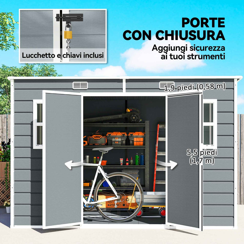 Outsunny 2-Door Tool Shed with Windows and Air Vents, Made of PP and Aluminum, 303x183x184 cm, Gray