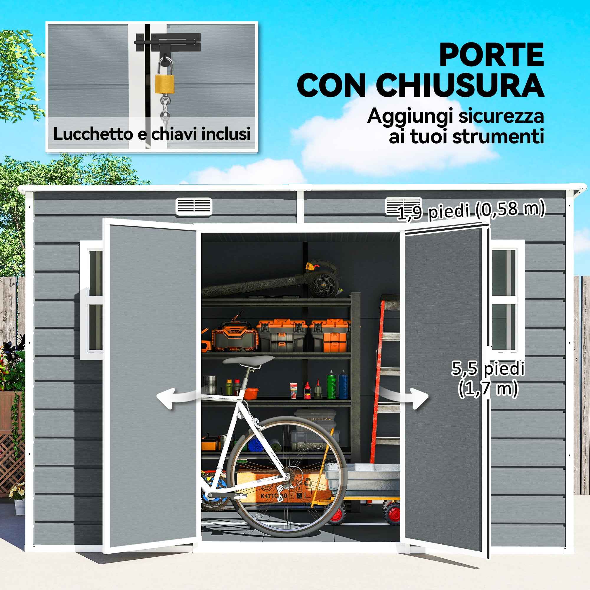 Outsunny 2-Door Tool Shed with Windows and Air Vents, Made of PP and Aluminum, 303x183x184 cm, Gray