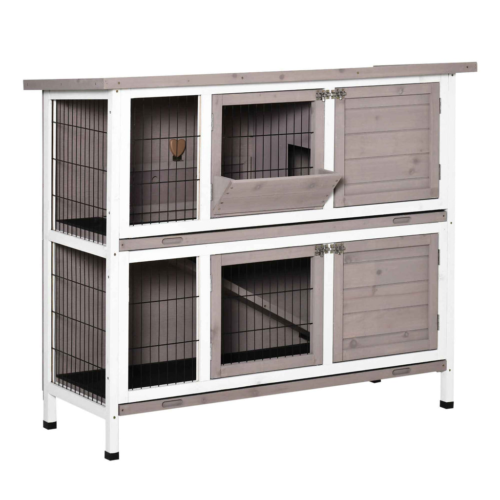 PawHut 2-Tier Wooden Rabbit Hutch with Opening Roof, Removable Feeder and Trays, 122x50x101 cm, Brown