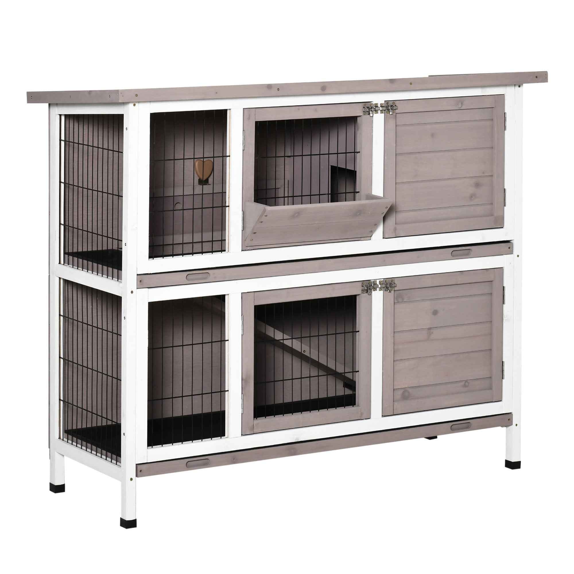 PawHut 2-Tier Wooden Rabbit Hutch with Opening Roof, Removable Feeder and Trays, 122x50x101 cm, Brown