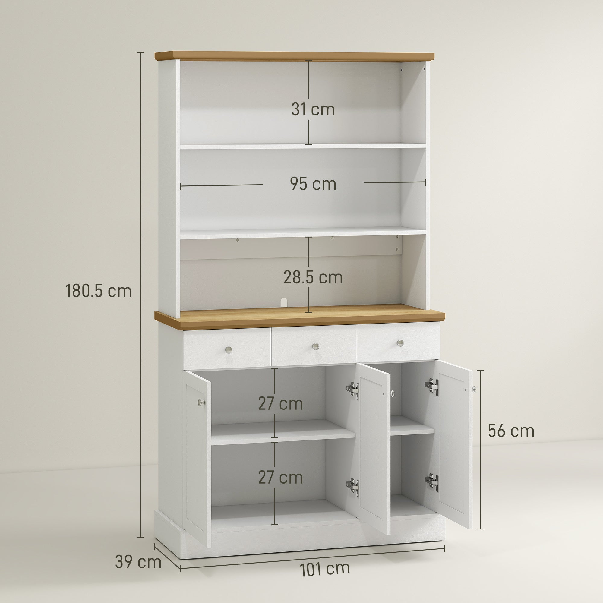 Kitchen Pantry with 3 Open Shelves, 3 Drawers and 2 Cabinets, Wooden, 101x39x180.5 cm, White and Wood Color