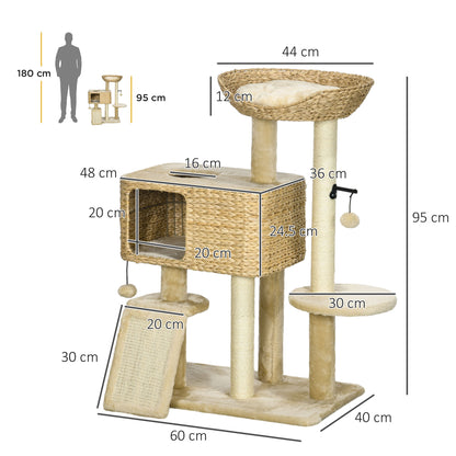 Cat Scratching Tree with House, Perch and Ball, Made of Wood and Polyester, 60x40x95 cm, Brown and Beige