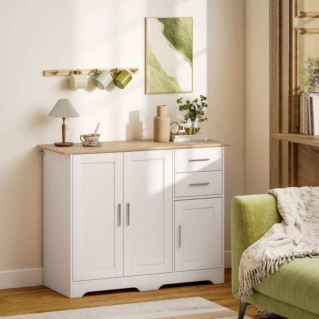 Modern Wooden Sideboard with 2 Drawers and 2 Cabinets, 100x40x78 cm, White and Wood Color