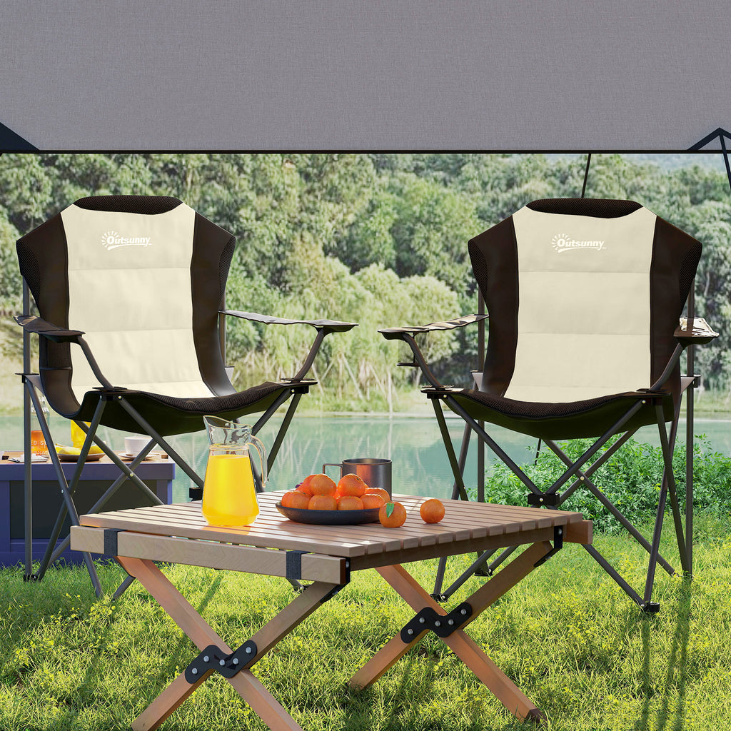 Set of 2 Folding Camping Chairs with High Backrest, Cup Holder and Carry Bags, Cream