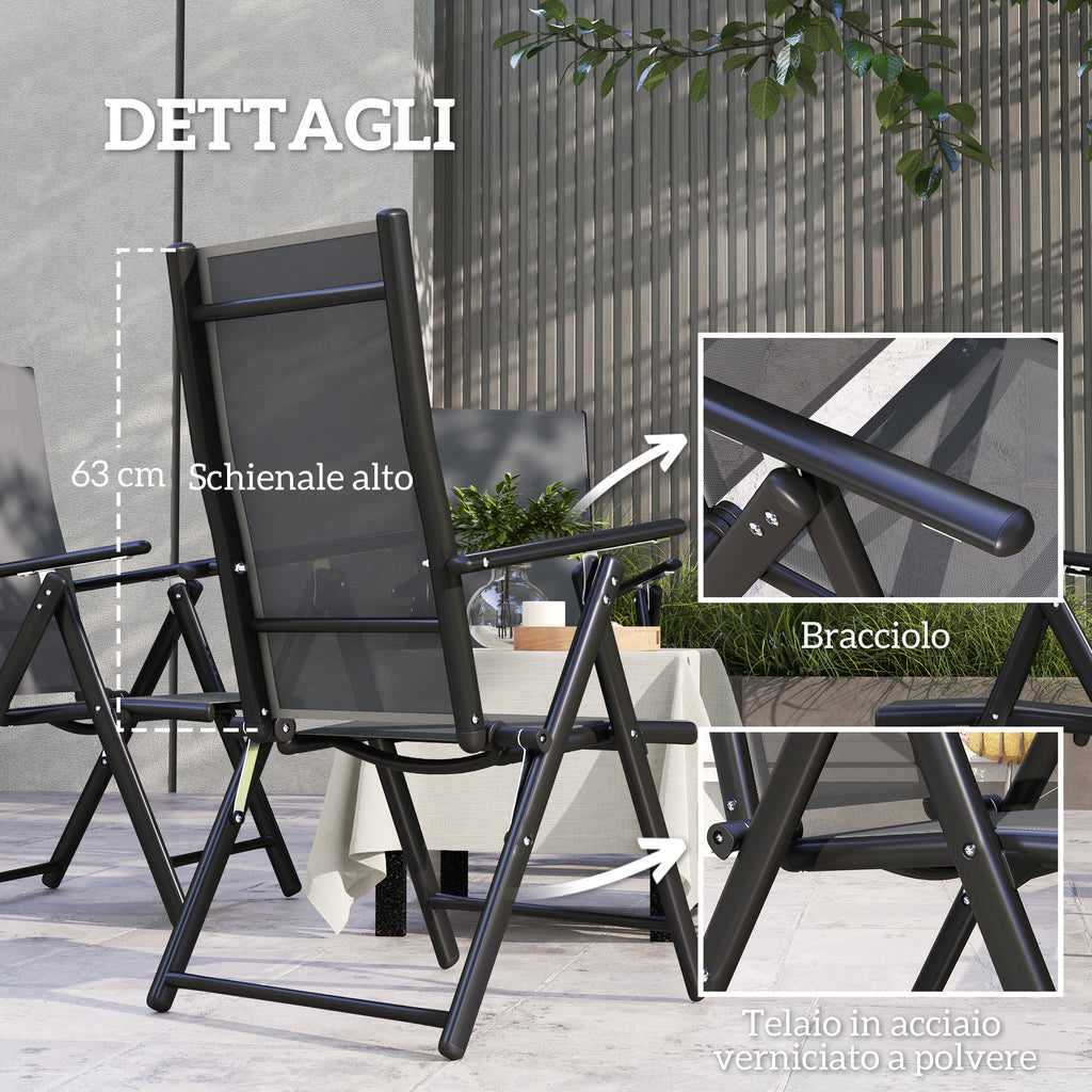 Set of 4 Folding and Breathable Garden Chairs with Armrests, in Steel and Polyester, 56x69x106 cm, Grey