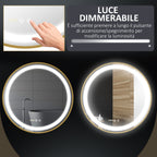 Bathroom Mirror with LED Light, 3-Tone Adjustable Brightness and Memory Function, Ø60 cm, Gold