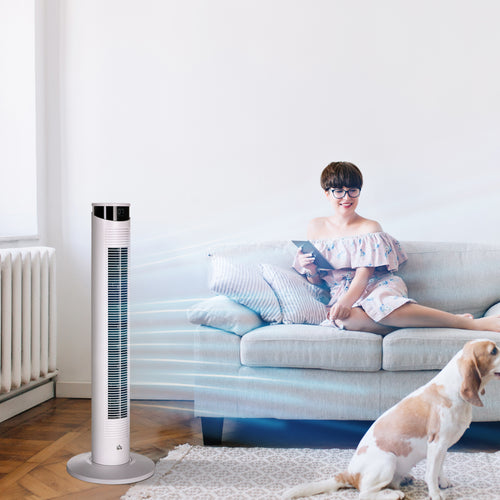 45W Tower Fan with 4 Modes and 3 Speeds with 12h Timer, in ABS and Aluminium, Ø31.5x93 cm, White - Borgè