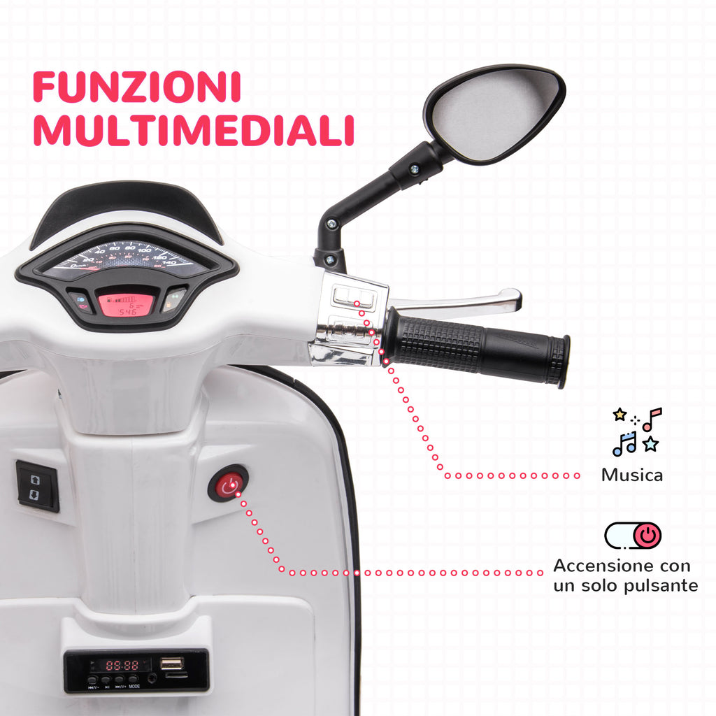 Licensed Children's Electric Motorcycle Vespa with Wheels, Headlight and Music, in PP and Metal, 107x47x73 cm, White