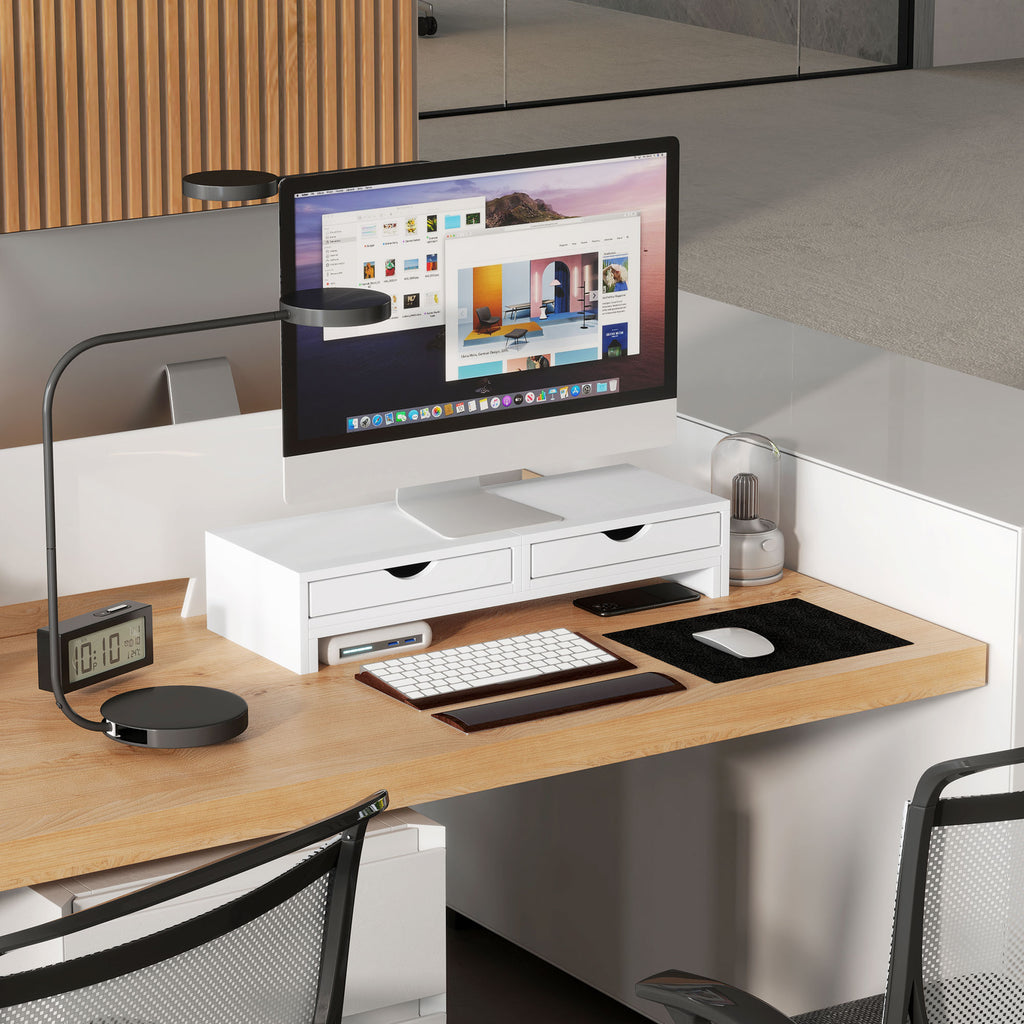 HOMCOM Desk Monitor Stand with 2 Drawers, 3 Spaces Below, Up to 14kg, 60-116x22x12cm, White