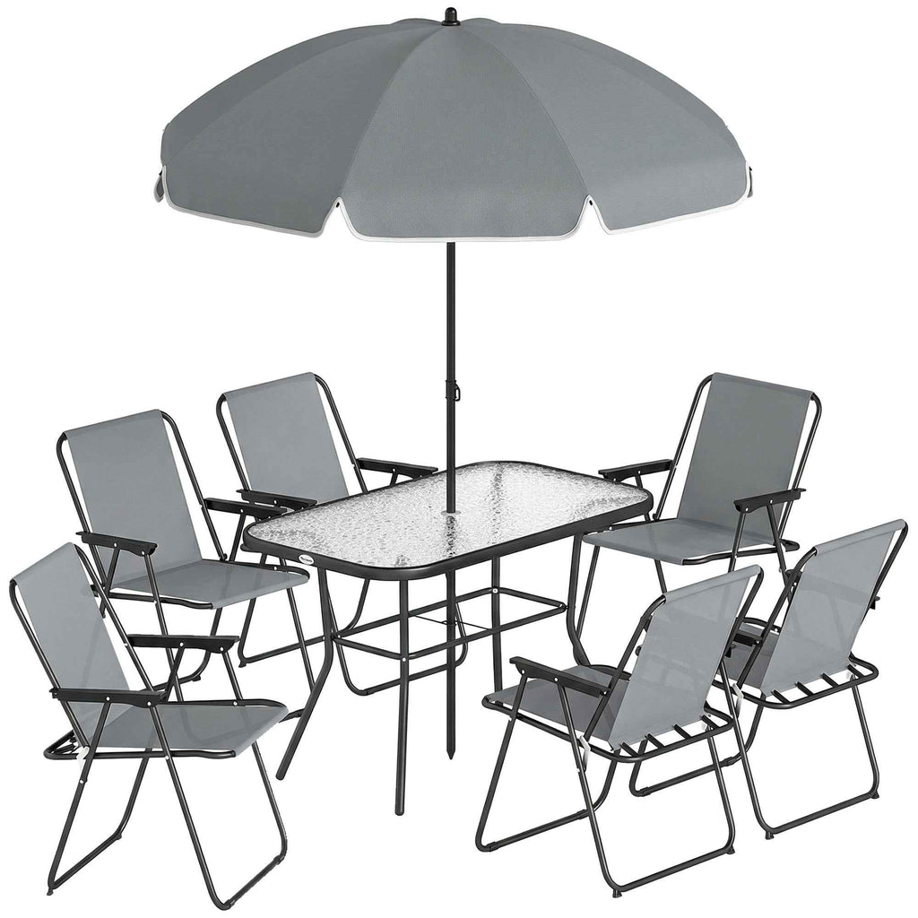 Outsunny 8-Piece Garden Set with Umbrella, 6 Folding Chairs and Tempered Glass Outdoor Table, Grey