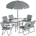 Outsunny 8-Piece Garden Set with Umbrella, 6 Folding Chairs and Tempered Glass Outdoor Table, Grey