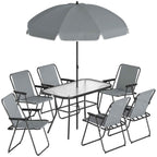 Outsunny 8-Piece Garden Set with Umbrella, 6 Folding Chairs and Tempered Glass Outdoor Table, Grey