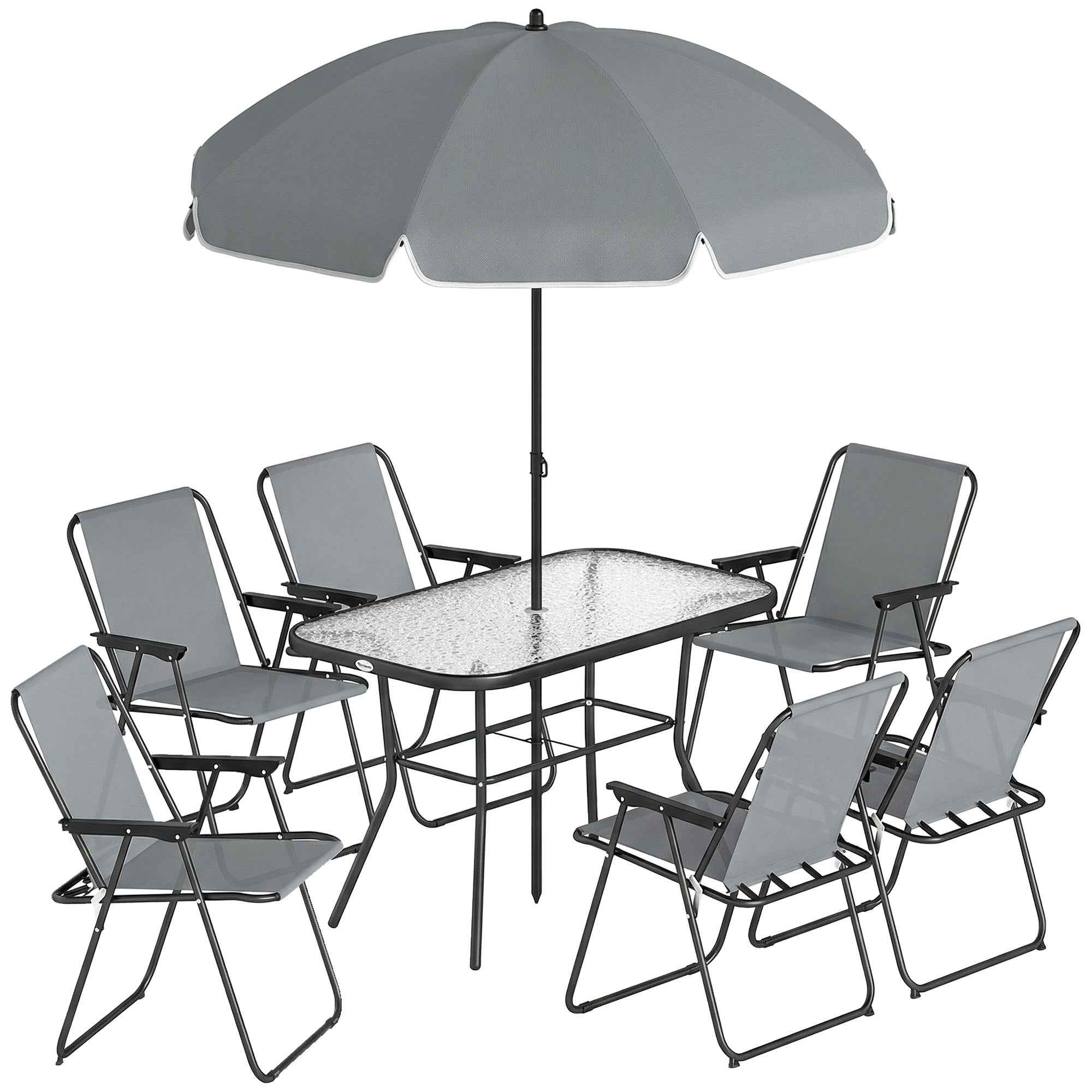 Outsunny 8-Piece Garden Set with Umbrella, 6 Folding Chairs and Tempered Glass Outdoor Table, Grey