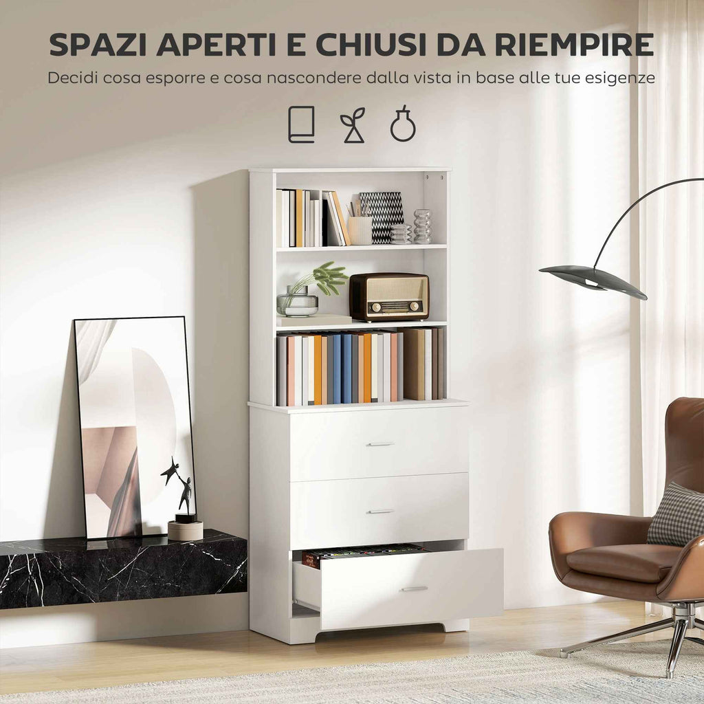 HOMCOM Wall-Mounted Bookcase with 3 Open Shelves and 3 Drawers, Wooden, 79x39.5x182.2 cm, White