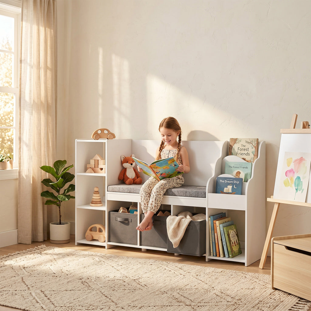 AIYAPLAY Toy Storage Rack for Children Ages 3-8 with 3-Tier Bookshelf, 3 Drawers, 4 Compartments, Cushion, White