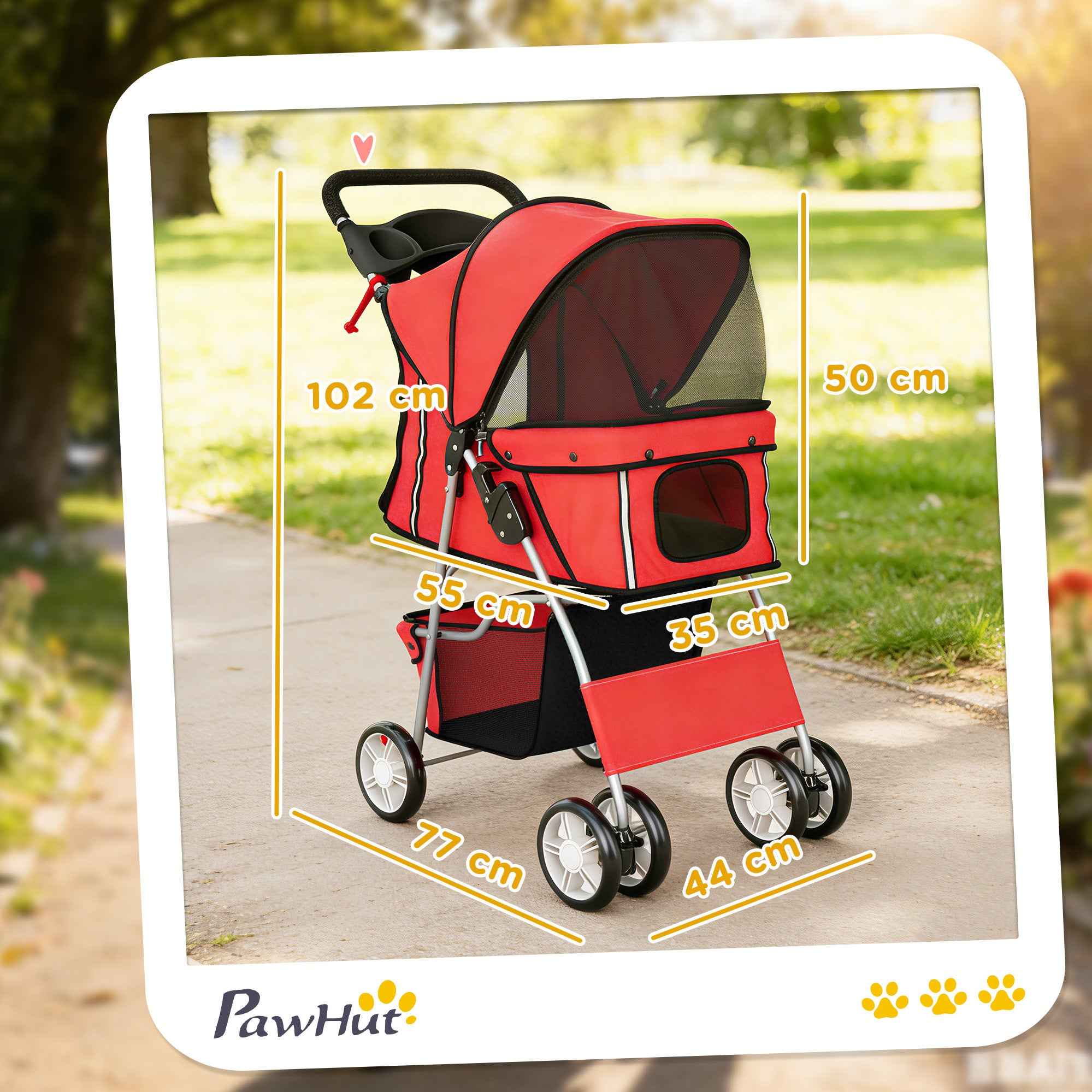 PawHut Folding Dog Stroller with Reflectors, Swivel Wheels, Brakes, and Washable Cushion, Red