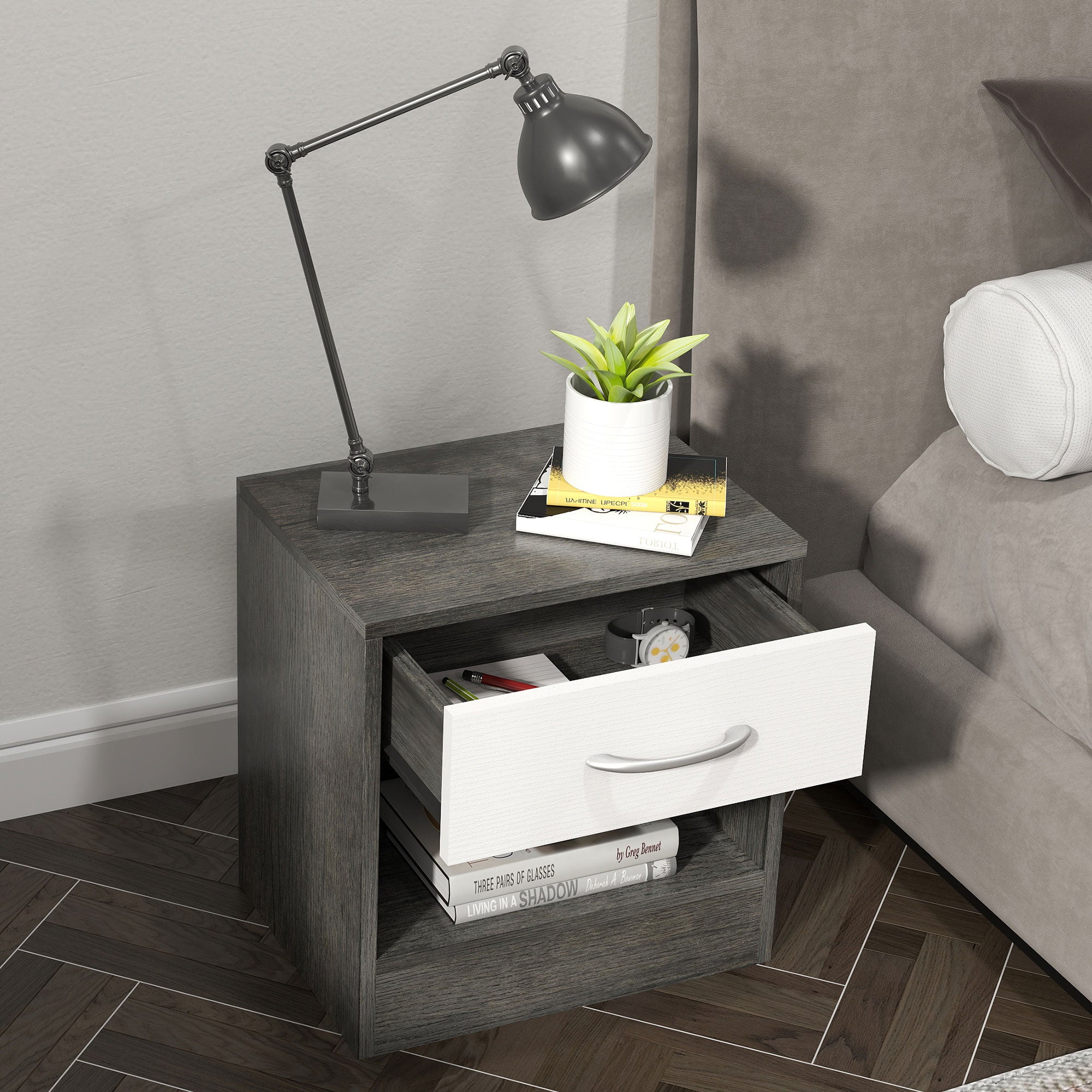 Modern Bedside Table with Open Shelf and Drawer, Wooden, 39x28x41 cm, White and Dark Grey