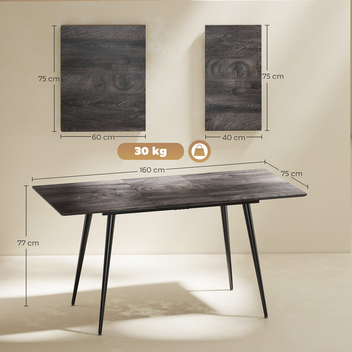 HOMCOM Extendable Dining Table for 6-8 People, 120-160x75cm Extendable Kitchen Table with Wood Effect Top, Steel Legs